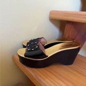 MICHAEL Michael Kors Black Patent Platform Wedge Slides with Gold Footbed